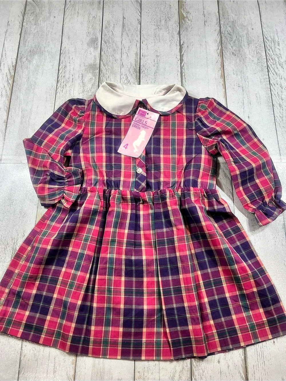 Vintage Sears Girls Perma-Prest Dress Plaid  in Pink & Purple Size 4 NWT